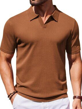 Women's Caramel V-Neck Short Sleeve Stretch Knit Polo Shirt Top